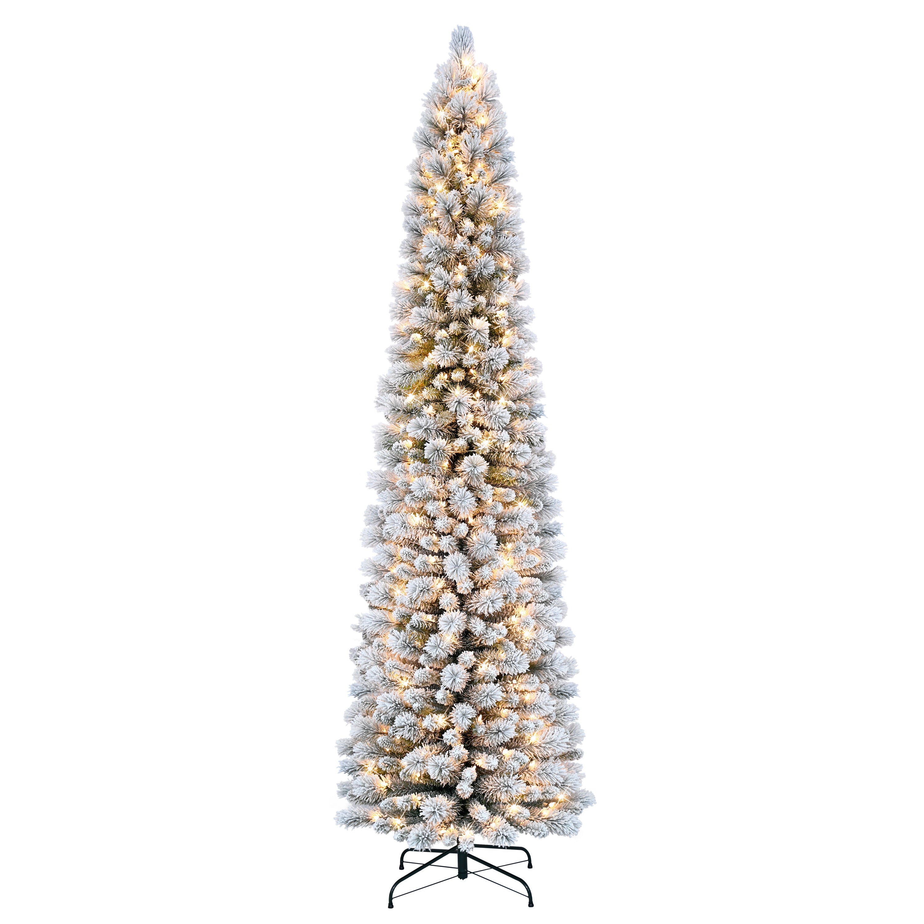 6.5 ft Pre-Lit Flocked Portland Pine Pencil Artificial Christmas Tree with 300 UL Clear Lights Metal Stand Green TFPA-8305-65C3